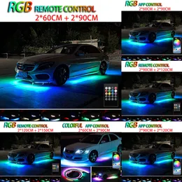 2024 Dekorativa lampor 4Style 12V Flödande färg RGB LED -remsa under bil 60 cm 90*120 cm Tube Underglow Underbody System Neon Light Bluetooth App Control