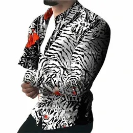 Vintage sociala LG -ärmskjortor för män överdimensionerade casual skjorta tiger tryck rumpa toppar mäns kläder utomhus festkläder c0d9#