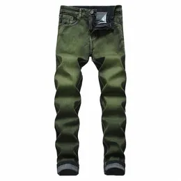 New Grey Green Mens Jeans Fi Estilo Clássico Elastic Straight Slim Denim Calças Alta Elastic Skinny Jeans Masculino Tamanho Grande Q1av #