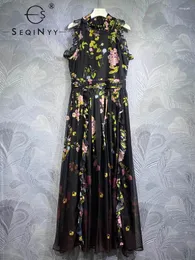 Lässige Kleider Seqinyy Frauen elegantes langes Kleid schwarzer Sommer Spring Fashion Design Runway High Street Vintage Blume Rüschen Ärmellose