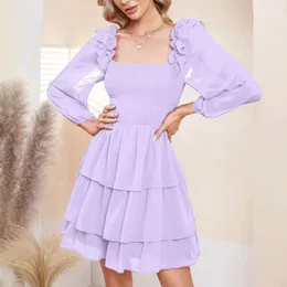 Vestidos casuais mulheres chiffon mini vestido chique bolo saia vintage quadrado pescoço magro ajuste manga longa sundress luz roxo fada streetwear