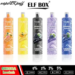 Elf Box 15000 Cigarro eletrônico descartável Puff 15K Bobina recarregável de bobina de malha de malha de malha de malha 600mAh E líquido Puff 15k Cigarro eletrônico RGB Luz 12 sabores 0% 2% 5%