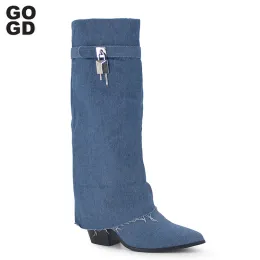 Сапоги Gogd Designer Fashion Women The Cloe Boots New Denim High Heels Shark Lock Block Western Cowboy Booth