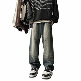 Erkekler Vintage Chic Jeans Fi Fi Sokak Giyim Sıradan Geniş Bacak Denim Pantolon Distled Gevşek Erkek Hip Hop Pantolon G0GD#