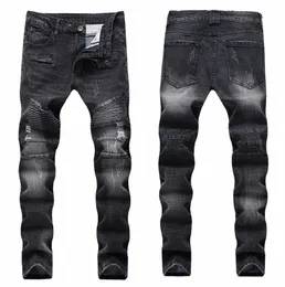 Fi Streetwear Мужские байкерские джинсы Homme Мужчины Мотоцикл Slim Fit Черный Мото Джинсовые брюки высокого качества Бегуны Тонкие мужские джинсы 75dL #