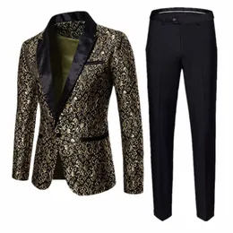 FI Männer Busin Jacquard Anzug Zweiteilige Schwarz / Gold / Weinrot Männer Hochzeit Party Dr Homme Blazer und Hosen Z0Q3 #