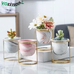 재배자 북유럽 스타일 대리석 골드 아이언 프레임 세라믹 화염 냄비 홈 장식 vaso para bonsai balcony plant pots for cactus wholesale