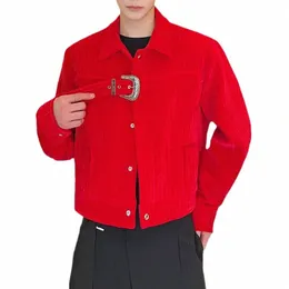chic Men Jacket Red Veet Buckle Casual Crop Coats Lapel Lg Sleeve Solid Color Streetwear Loose Vintage Suit Jackets l3JW#