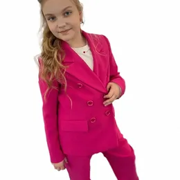 New Boutique Girls' Rose Red Double Breasted Suit Two Pieces Set Alta Qualidade Elegante Fi Roupas Infantis o7Oq #