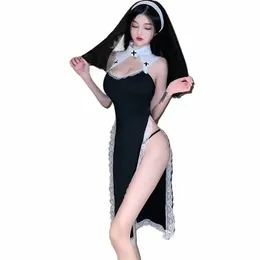 women Sexy Lingerie Nun Uniform Cosplay Role Play Costumes Halen Stage Outfit High Neck Flare Sleeve Dr with Headscarf Q3Uh#