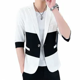 2023 Summer Fi Patchwork Suit Jacket Thin 3/4 Sleeve Casual Blazer Streetwear Slim Social Barber Dr Coat Men Clothing o8Bn#