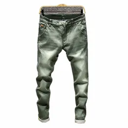 Mens Estilo Clássico Jeans Casual Stretch Slim Denim Calças Luz Azul Preto Calças Masculinas Marca 7 Cores Novo 2024 Mens Verde Khaki A5hX #