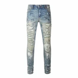 Männer Löcher Ripped Stretch Denim Jeans Streetwear Distred Painted Skinny Tapered Hosen Vintage Hosen A89O #