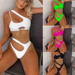 Women's Swimwear Solid color swimsuit irregular diagonal shoulder sexy bikini Swimwear 2023 Beach Bathing Suits T240328