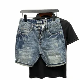 Verão masculino raspado desgastado Slim Fit Denim Shorts Fi Persalized W Blue Jeans Calças curtas J94l #