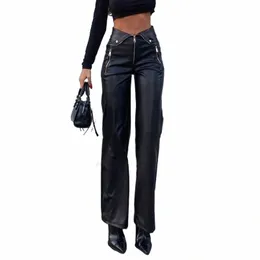 Wheremery y2k fi calça de couro feminina cintura alta sexy zíper em linha reta magro calças 2022 streetwear inverno senhoras calças pretas t9bi #