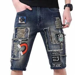 New Fi Mens Rasgado Jeans Curtos Roupas de Marca Bordado Emblema 80% Cott Shorts Respirável Denim Shorts Masculino Tamanho 28-36 M9Qi #