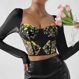 Women's T Shirts Sexy Mesh Flower Embroidery Rims Fishbone Perspective Crop Top Women Y2K Autumn Square Collar Long Sleeve Patchwork T-Shirt