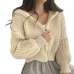 한국 스타일 세련된 가을과 겨울 후드 작물 스웨터 외부웨어 여성 디자인 바늘 옷깃 오버 니트 코트 캐주얼 스웨터 O8Q7#