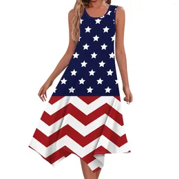 Casual Dresses Women's Fashion Round Neck Sleeveless Independence Day Print Oregelbunden hem Midi Dress Fashionabla och Simple