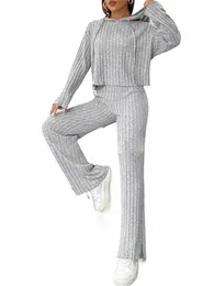 Kvinnor 2 stycken Spring Outfits Solid Color Ribbed Sticke Hoodie and Wide Ben Pants Set Streetwear Eesthetic Clothes T1HU#