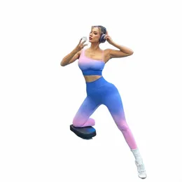 SEAML Gradient Pants Set Women Sports Set High midje Butt Lift Elastic Leggings Sexig sned axel Vest Fitn Yoga Set X26W#