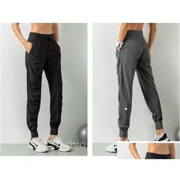 Yoga outfit ll-yDK07 Trainer Pants Womens byxor Lossa nionde utdragsuttrycket Sport Gym Running Casual Long Ankle Banded Pant Elastic High W Otsku