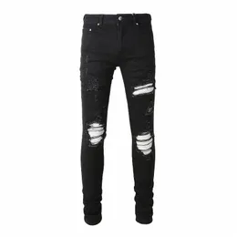 Мужские потрескавшиеся кожаные нашивки Sier Байкерские джинсы Уличная одежда Узкие конические эластичные джинсовые брюки с дырками Рваные лоскутные черные брюки m0g7 #