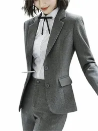 Yitimuceng Office Ladies Pants Suit for Women 2023 New LG Sleeveシングル胸編みスリムフォーマルスーツパンツ2ピースセットV0AV＃