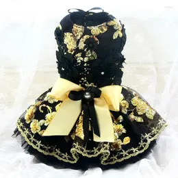 Dog Apparel Handmade Clothes Pet Supplies Princess Dress Black Lace Gold Sequin Flowers More Layers Tulle Skirt Evening Tutu One Piece