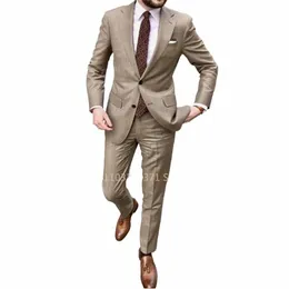 Khaki Groom Formal Tuxedos for Wedding Slim Fit Busin Men's Suits最新のデザイン2ピース