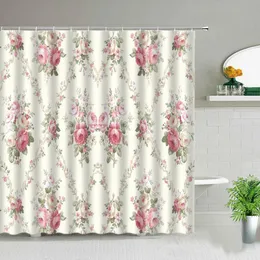 Pink Rose Shower Curtain Floral Green Plant Leaf Landscape Polyester Tyg Hängande gardiner Badrum Dekoration Set med krokar 240328