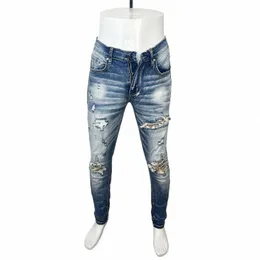 Street Fi Men Dżinsy Retro Niebieskie Elastyczne Stretch Slim Fit Hole Ripped Dżinsy Mężczyźni Patched Designer Hip Hop Denim Pants Hombre F8dz#