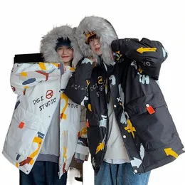 ueteey Winter Warm White Duck Down Jakcet Men Women Windproof Carto Graffiti Hooded Parkas Thicken Loose Harajuku Padded Coat 152b#