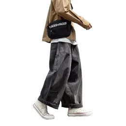 Pantaloni larghi del denim degli uomini di Hip Hop dei jeans della gamba larga degli uomini casuali Pantaloni cargo del denim streetwear di skateboard Pantaloni neutri y2k y65n #