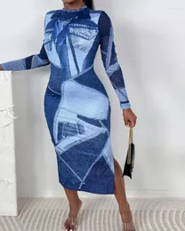 Vestidos casuais mulheres estilo vestido 2024 primavera / verão mais recente em toda a impressão denim olhar o-pescoço magro manga comprida bodycon diário maxi saia