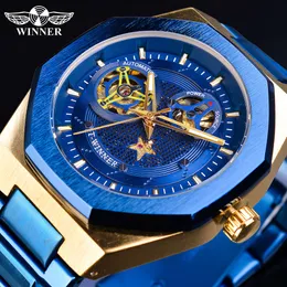 Hollow Five Pointed Star Mechanical Watchと透明なスチールバンドを備えた新しい勝者Men's Octagonal Fully Automatic