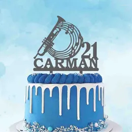 Fontes de festa topper de bolo musical personalizado, instrumento trompete de idade com nome personalizado para decoração de aniversário