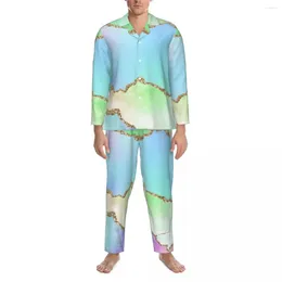 Ev Giyim Pijamaları Erkek Ombre Mermer Gece Kıyısı Metalik Altın Baskı 2 Parçası Vintage Pijama Seti Uzun Kollu Modaya Gizli Suit