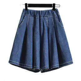 plus Size Pleated Elastic Waist Shorts Women Street Simple Loose Wide Leg Swing Folds Bermuda Dark Blue Revers Hem Jeans Short r7cA#