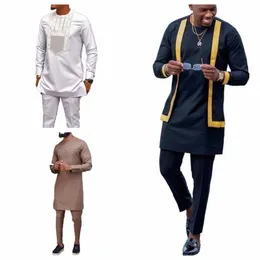 2024 Herren Eleganter Anzug Hemd Hosen 2-teiliges zweiteiliges Set Rundhalsausschnitt Feste Farbe Party LG-Ärmel Afrikanischer Ethnischer Stil 79tF #
