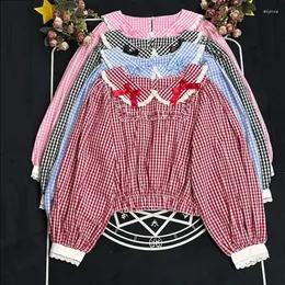 Women's Blouses Preppy Style Sweet Lolita Harajuku Women Kawaii Bow Lace Gothic Long Sleeve Plaid JK Shirts Girly Y2K Cute Blusas Mujer