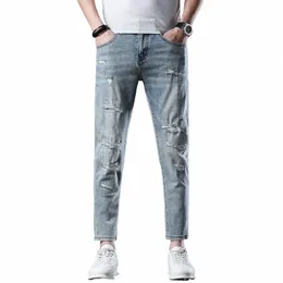 2024 calças de brim dos homens estiramento hip hop rasgado jeans calças masculinas magro ajuste distred desgastado destruído retalhos tornozelo comprimento t6mp #