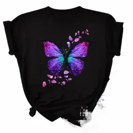 Nya FI Women T-shirt Färgglada fjäril Petal Print Kort ärm och rund hals söta grafiska tee-skjortor Kvinnliga toppar Clothin S5SG#