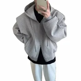 black Gray Shoulder Pad Hoodie Men's Fi Casual Cardigan Sweatshirt Men Korean Loose Zipper Hooded Jacket Unisex Trend Coat s68F#