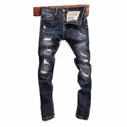 High Street Fi Erkekler Kot Vintage Mavi Streç Elastik Sıska Uygun Yırtık Kot Pener Delik Tasarımcısı Denim Pencil Pants Hombre R0U8#