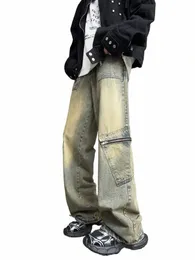 streetwear Pocket Design Men Jeans Cargo Pants Loose Plus Size Neutral Wide Leg Pants Harajuku Casual Denim Pants Gothic Y2K 64fx#