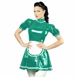 Sweet Maid Unifroms PVC Leder Rüschen High Neck Kurzarm Mini Dr mit Apr Latex Look Outfits Cosplay Party Kostüme d1zE #