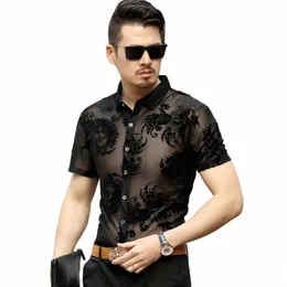 new 2018 summer man floral shirts mens hollow see through clothes short sleeve transparent dr shirts 03I5#