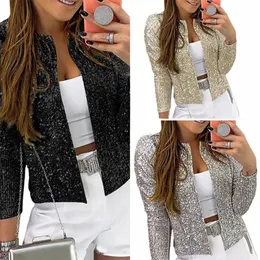 Attraktive Frauen Jacke Lg Ärmel Hand W Party Blazer Pailletten Shrug Open Frt Crop Jacke n47m #